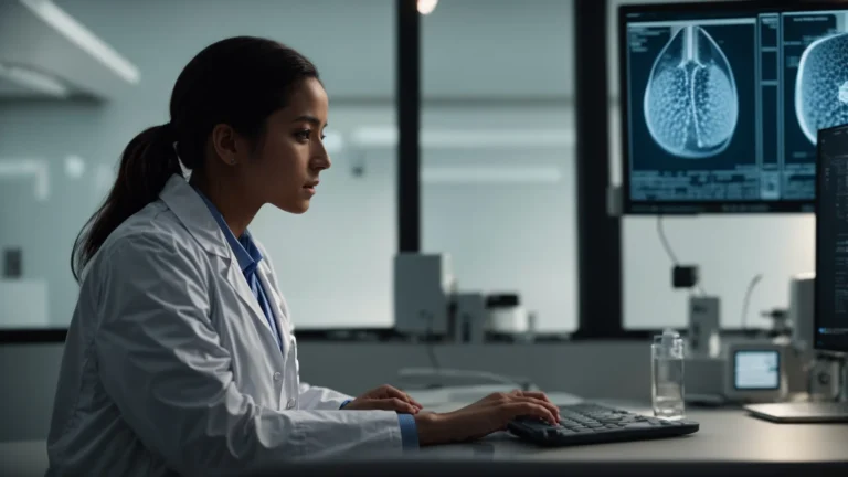 a doctor in a white coat talks to a patient while a computer screen displays a medical software interface in the background.