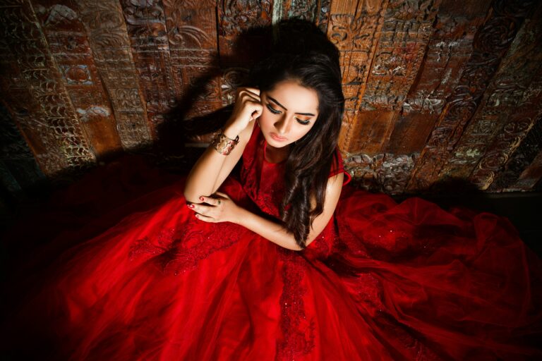a woman in a red dress